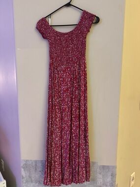 Red Floral Maxi Dress with Smocked Bodice